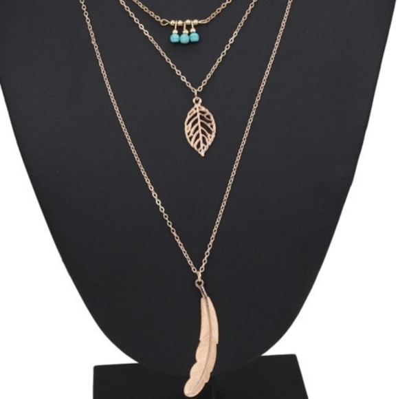 NEW Gold Feather‎ Turquoise Layered Necklace - Picture 5 of 16